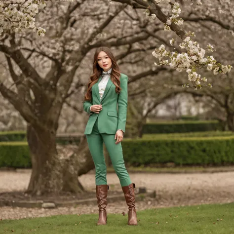 The old man wore a green striped suit and pants，Pair it with bright yellow riding boots，Wearing brown gloves，The overall presentation is personable。He was standing under a peach blossom tree，Gaze at the sky。