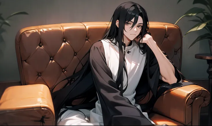 Long black hair, male sofa, sitting position, one-handed head