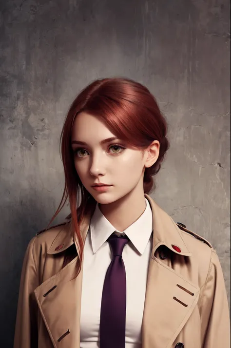 Masterpiece, best quality, young woman, 23 years old, solo, medium hair, ponytail, auburn hair, bright brown eyes, worried, trenchcoat, shirt, necktie, night, washed out colors,