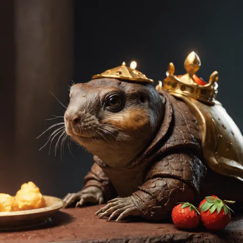 (professional 3d render:1.3) af (Realistic:1.3) most beautiful artwork photo in the world，Marmot with a crown，anthropomorphic turtle，Mango juice drink in hand，On the table is a cake with candles in the whole body 8K uniform rendering, action  shot, skin po...