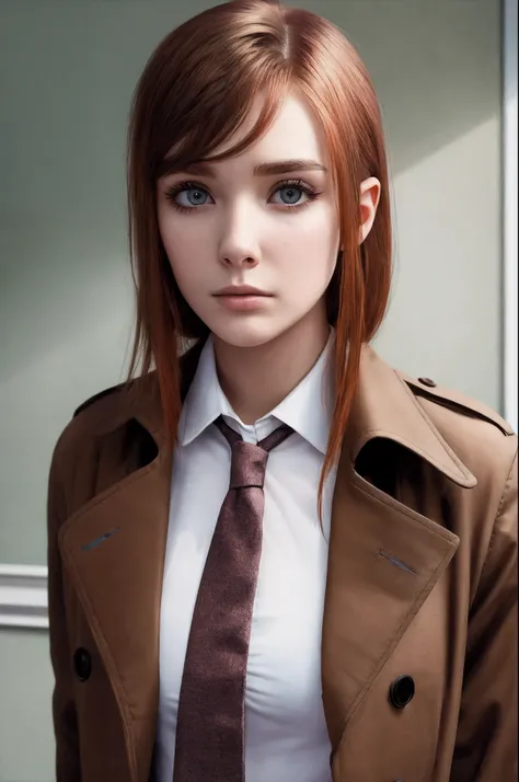 Masterpiece, best quality, young woman, 23 years old, solo, medium hair, auburn hair, bright brown eyes, worried, trenchcoat, shirt, necktie, night, washed out colors,