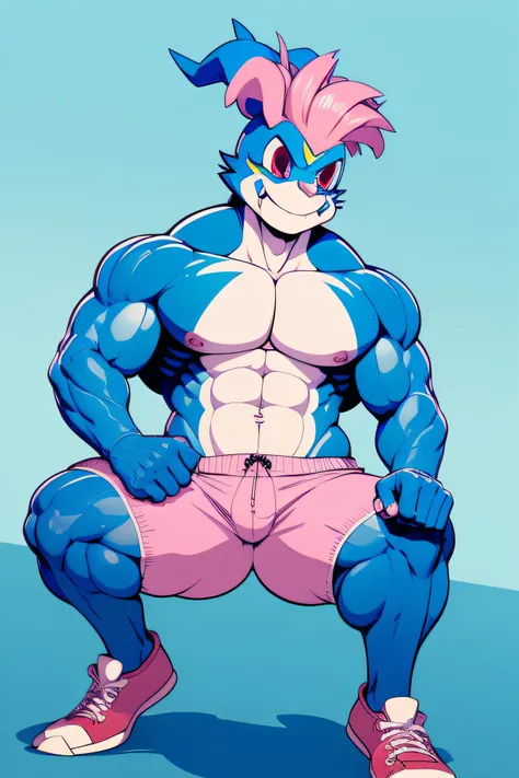 muscular veemon with pink hair posing and wearing shorts, muscular chest, cute face, smiling, anthro