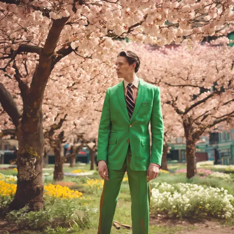 The old man wore a green striped suit and pants，Pair it with bright yellow riding boots，Wearing brown gloves，The overall presentation is personable。He was standing under a peach blossom tree，Gaze at the sky。