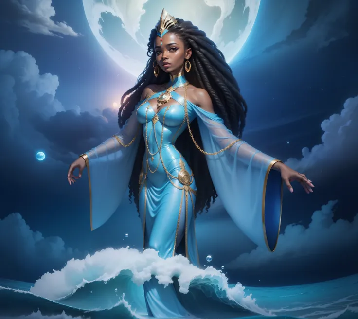 A cartoon of a woman in a blue dress standing on a wave, pele escura deusa feminina do amor, Mami Wata, Deusa do Oceano, Deusa Rainha, Como um atlante, Rainha e governante do universo, padroeiro do 🛸🌈👩🏾, Deusa do Mar, Deusa da Lua, Futurismo Afro, A deusa ...