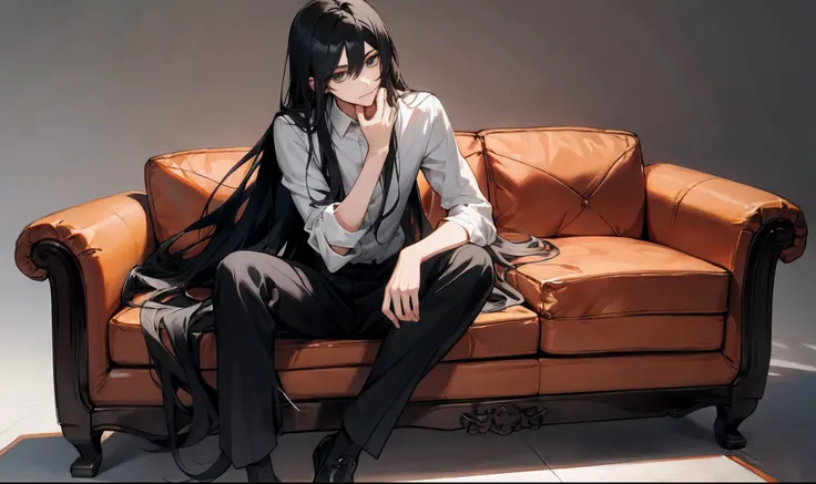 Long black hair, male sofa, sitting position, one-handed head