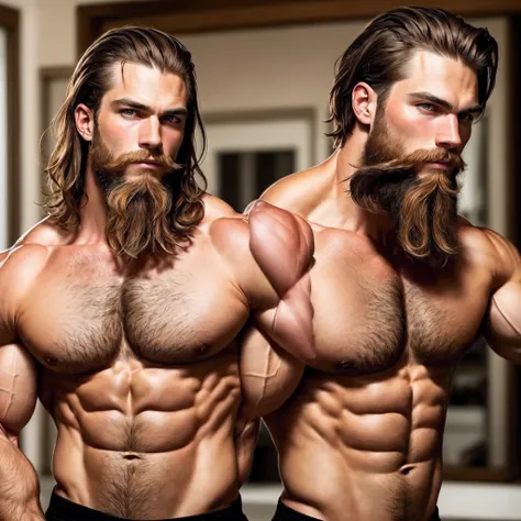 Brown haired Man with Brown eyes and beard. Big muscles. Viking.