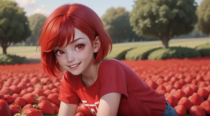 (1 young girl+fringe+red hair+short hair:red hair:1.2+red eyes:1.1+red clothes:1.1+red shirt:1.1)happy expression, playing in a strawberry field, Disney Pixar cartoon style.