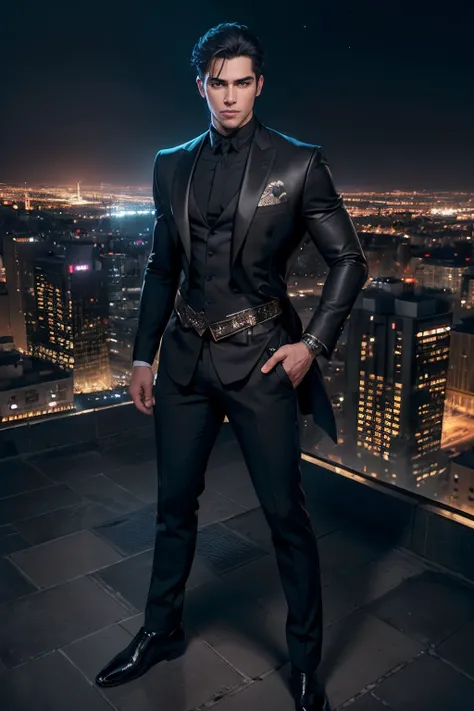 Best quality, masterpiece, ultra high res, (photorealistic:1.4), detailed face, detailed eyes, raw photo, young handsome male, full body length, black hair, (night city background:1.2)