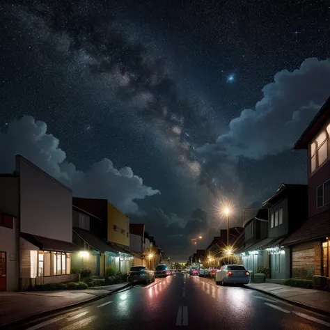 starry sky bright，​​clouds，The way down，Curved，Duan，the street