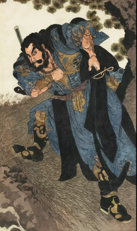 Dao Guan Yu went into battle shirtless,Long beard,ukiyo-style,k hd,Minimalist background,(angry look),tmasterpiece,filigree,k hd