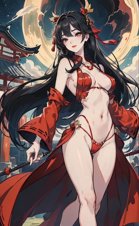 Sexy teenager，(tits out:1.2)，Hair Accessories and Necklaces，8K分辨率，top-quality，hyper HD，extreme hight detail，ancient environment，the night，Top Design，Red Hakama，Dynamic lens，Texture，Ancient wind, dance, A dark-haired、floting hair、Delicat eyes、cleavage of th...