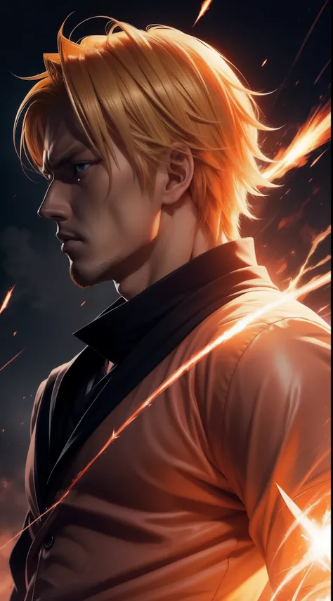 Profile picture, masterpiece, extremely accurate rendering, Kurosaki Ichigo coldly handsome, blonde, looking at the viewer, solo, trustworthy, savior of the world, simple design, best image , 8K, light red eyes, original orange clothing style according to ...