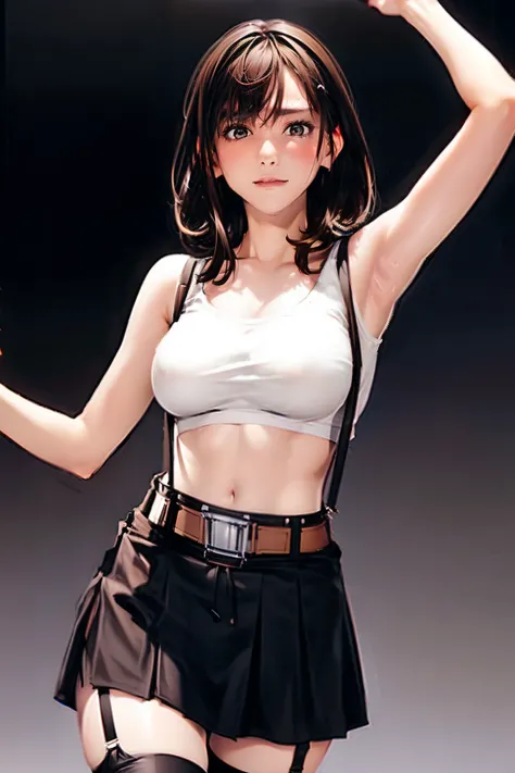 Black skirt, Tank Tops　suspenders, Brown hair Gray eyes, Garter belt on the legs, Tight clothes, 　　 a belt　Armpit sweat　　deadpan　large full breasts　short-cut