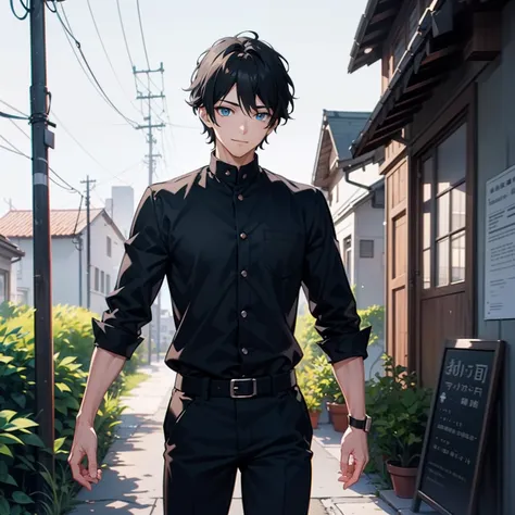 A boy，Black color hair，blue color eyes，Handsome，The expression smiled contemptuously ,In the yard.Illustration anime style，Dark 4K, hyper HD, Masterpiece