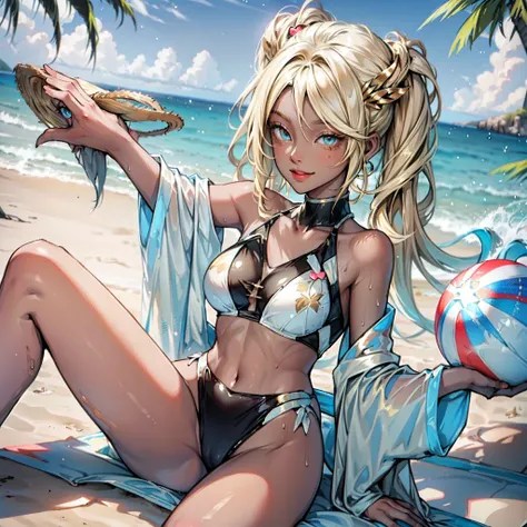 ((1 girl)), (masterpiece), ((blonde)), ((darkskin)), ((one girl)),((mocha skin)), full body, sitting in sand, ((big boobs)), ((curvy girl)), HD, 4K,holding beach ball,dynamic posing, bathing suit, tropical,((twin tailed hair)),sexy, honey eyes, juicy lips,...