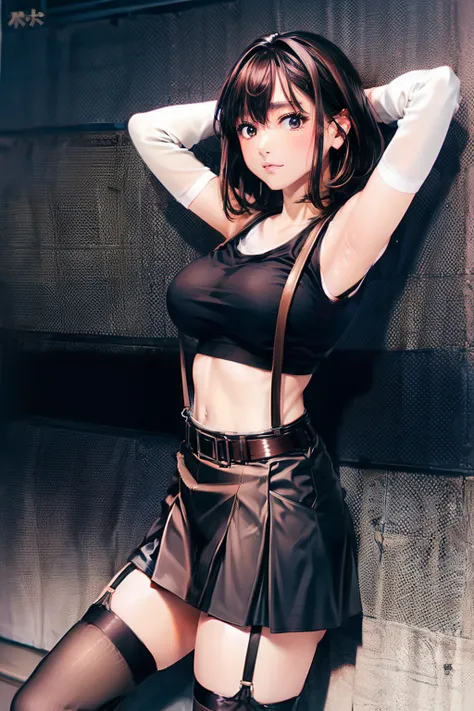 Black skirt, Tank Tops　suspenders, Brown hair Gray eyes, Garter belt on the legs, Tight clothes, 　　 a belt　Armpit sweat　　deadpan　large full breasts　short-cut