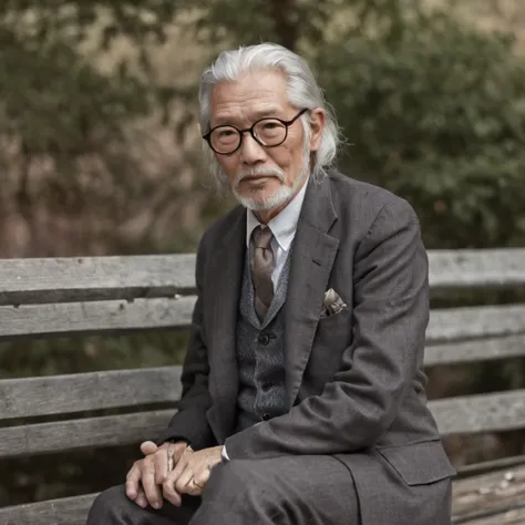 One in a suit、Gray hair、The old man with glasses sat on a bench，Holding Erlangs legs，Smoking，Riding boots stand out。