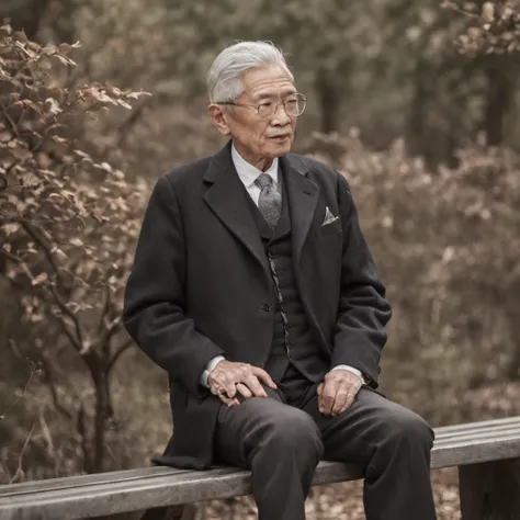 One in a suit、Gray hair、The old man with glasses sat on a bench，Holding Erlangs legs，Smoking，Riding boots stand out。