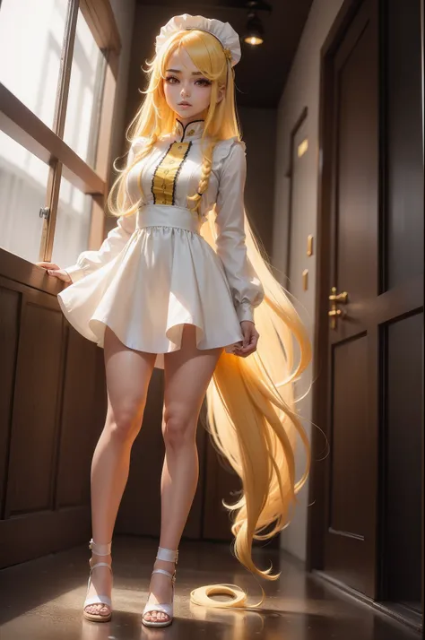 one girl , yellow long anime styled hair , dragon hydera based , age is 22 , height of 5.6 , weight of 56 , model body , white skin , anime maid outfit,