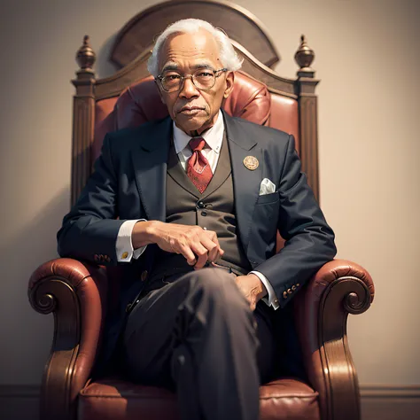 Well-dressed successful old black man sitting in an armchair behind a wooden table with the symbol of Freemasonry on top