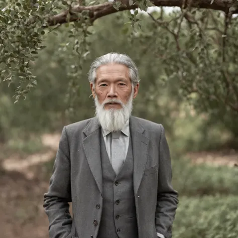 An old man with a beard，dressed in a suit、Wear rain boots，Gray hair、standing under a tree，Smoking。