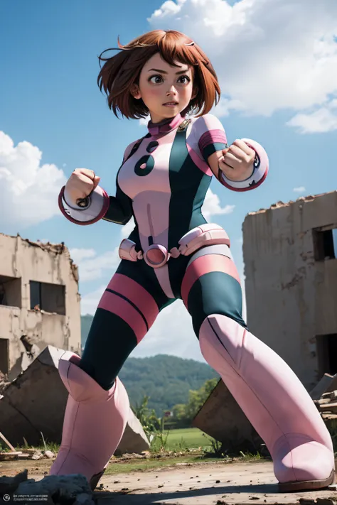 masterpiece, best quality, highres, hmochako, blush stickers, short hair, medium breasts, superhero, bodysuit, boots, ruins, bui...