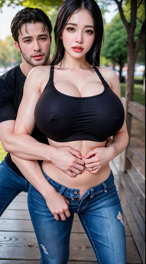 (nsfw:1.75), a Mature Woman, solo, (huge breasts:1.5), (thick body:1.4), (muscle abs:1.1), (expression of lust:1.5), looking at viewer, (wet sweaty body:1.5), (wet skintight crop top sports bra:1.4), (Beautifull makeup:1.5), (wet skintight torn jeans pants...