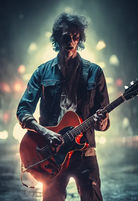 Stunning masterpiece, wide angle, male ghost , zombies style, zombies face, very pale skin face and pale skin body, black hair, messy hair, bright light on face, pale washed out style, , horror, wearing ragged cloth, play guitar on stage, surrounded by lam...