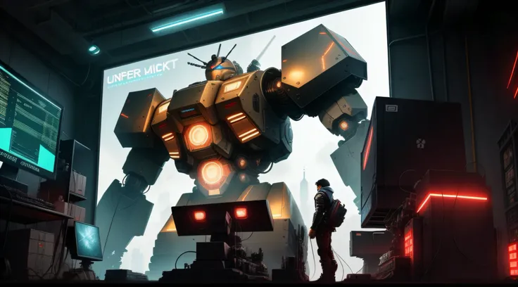 A Giant Combat robot in the cyper-punk city, robot holding big machine gun shooting, a cyper-punk hacker is using computers, 3 monitors , LED lights, danger atmosphere