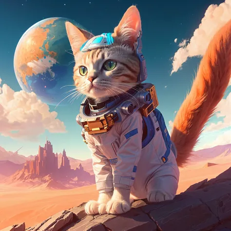 a close up of a cat wearing a space suit and a helmet, Cat Tail, Hair Cat Tail, astronaut cat, space cat, adorable digital painting, cyborg cat, cyborg kitten, a cyborg cat, cute detailed digital art, robot cat, cyberpunk cat, armored cat, cute 3 d render,...