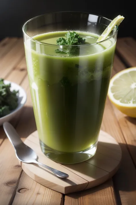 Kale and Lemon Detox Juice on a table, realistic image, 8k