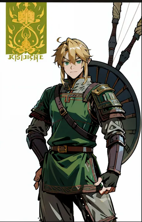 blond, tall, green-eyed guy, viking style, russian hero style, strong,  anime style, anime  , link, ( fingerless gloves), standi...