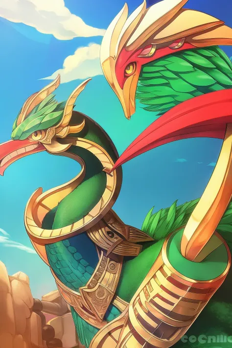 quetzalcoatl, Mexican, Spanish pre-Aztec character design, Studio Ghibli Style, Feathered Serpent, Smile