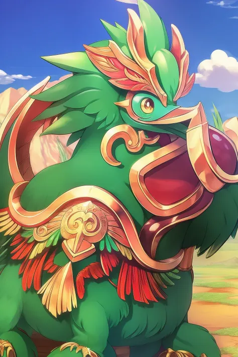 quetzalcoatl, Mexican, Spanish pre-Aztec character design, Studio Ghibli Style, Feathered Serpent, Smile