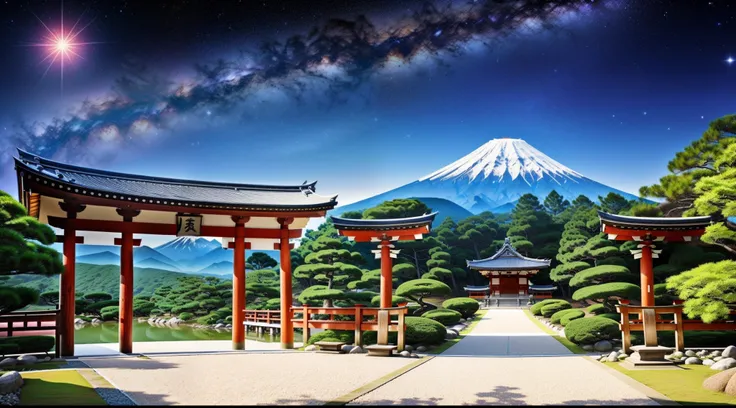 An image of a mountainous landscape with a Japanese temple featured. This symbolizes the connection between nature, espiritualidade e cultura japonesa.
Japanese spiritual symbols, como o Torii (Entrance gate to a shrine), flores de cerejeira em flor ou um ...