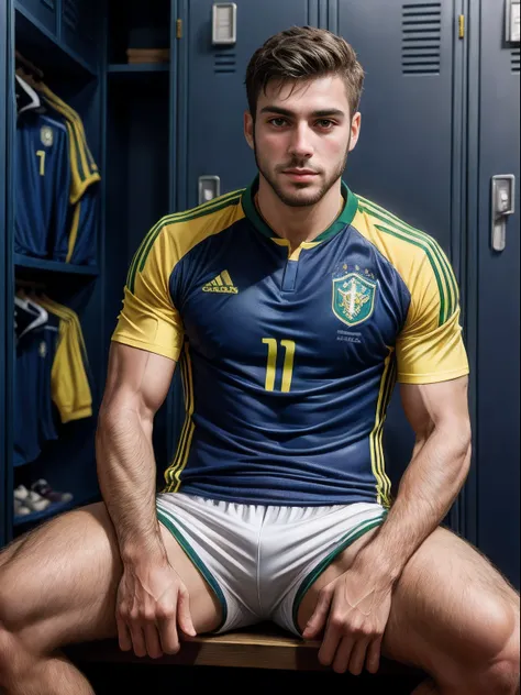 Solo, Facial hair, muscular, Brazil Soccer Uniform, Stubble, Sitting, Locker Room, Front View, (Intricate Details, Masterpiece, High Quality, Best Quality)