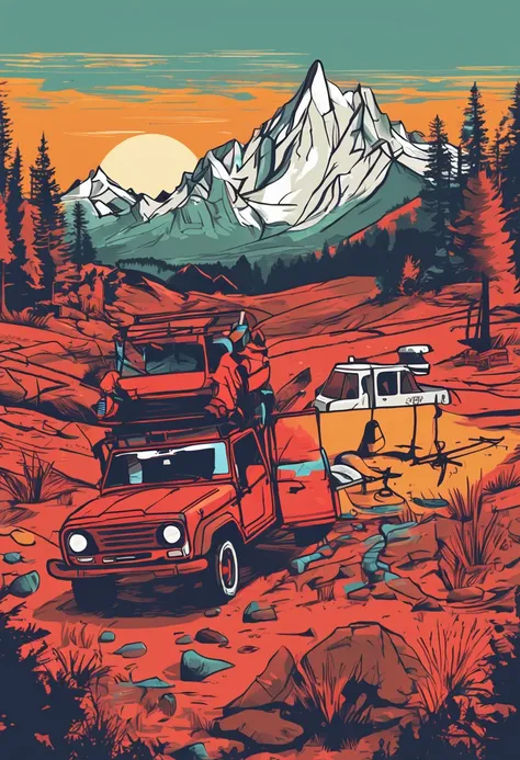 Vector T-shirt art red jeep wrangler color graffiti illustration ready to print, Swiss Alps, Tall trees, 夏天,Camping Tent，Bonfire background，light，Mountain Label，Sunset painting，camping，High detail painting，Camping and colorful，jen bartel，Outdoor bonfire pi...