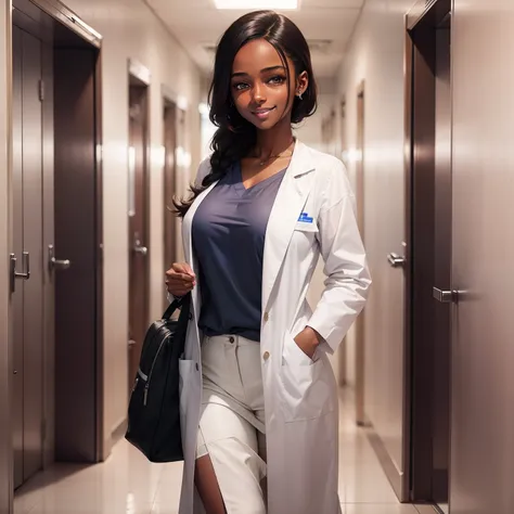 A beautiful stunning dark skinned girl wearing scrubs and white coat standing in the hallway of a hospital smiling cutely