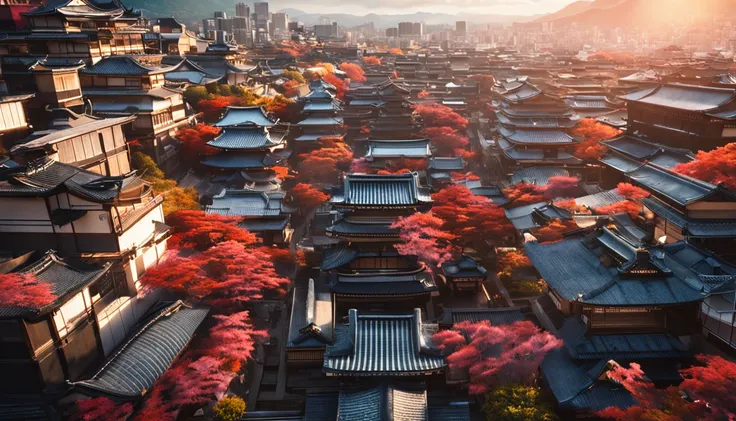 Japanese traditional cityscape, with bustling buildings, bathed in the warm midday sunlight, offering a magnificent view from above."