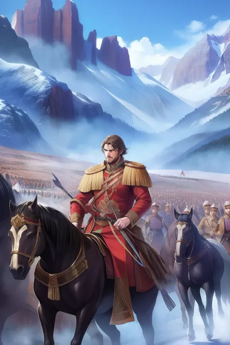 realistic depiction of a young hannibal barcelona slowly climbing through the alps with his scattered army of soldiers in a bliz...