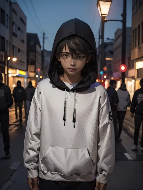 a boy，wearing a sweatshirt with a hood in a sweatshirt，on the streets at night，the street lights，bust photo