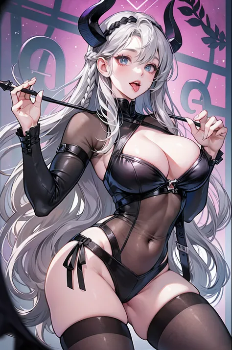 masterpiece, high quality, ultra detailed, 1 girl, big, succubus, no underwear, ((long hair)), gray hair, pale skin, tongue sticking out, long tongue, heart-shaped eyes, abnormally long braid, unusual shape --auto --s2