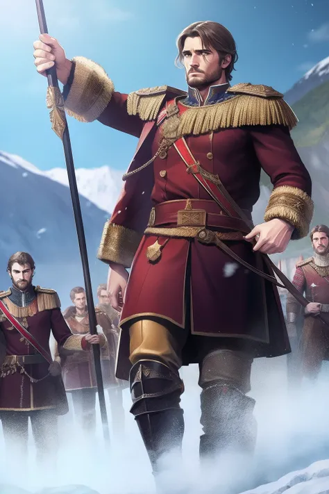 Realistic depiction of a young Hannibal Barcelona slowly climbing through the Alps with his scattered army of soldiers in a blizzard