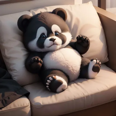 Osito panda animal peludo, osito infantil, adorable, no humano, con pantalones negros, cansado, recostado en un sillon