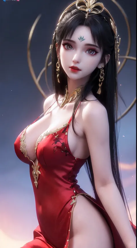 A girl from a magical world,(((wearing a thin red silk nightgown with sexy black lace trim: 1.2))), hanfu style, long and silky black hair, the most beautiful and detailed hair jewelry, beautiful little face thin eyebrows, tall and well-proportioned body, ...