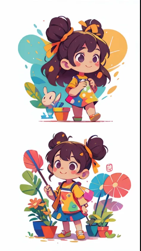 three-view drawing enerate three views, namely the frontview,side and back view，vectorial art, Color graffiti illustration, Cute and cheerful little girl with umbrella, are in the center, Bright colors, Paint splashes and stains, Adobe illustrator, High de...