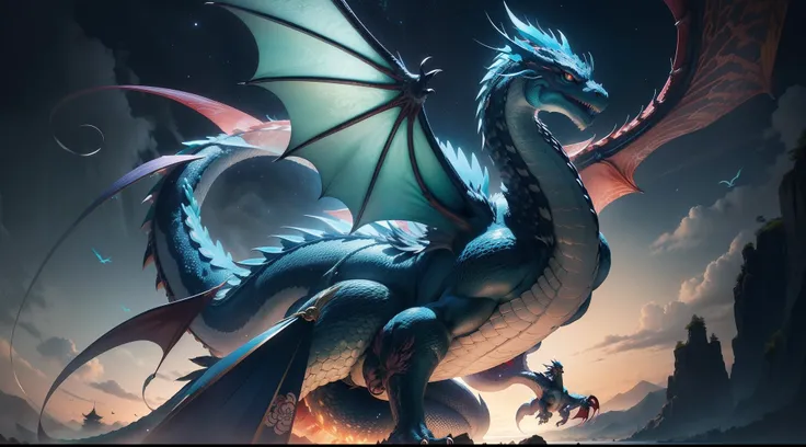 Please create an illustration of a beautiful dragon from Japanese legend. This dragon soars through the sky, with a body adorned in shimmering scales of various colors - blues, greens, and reds. Its eyes radiate wisdom and majesty, and in the sky above, a ...