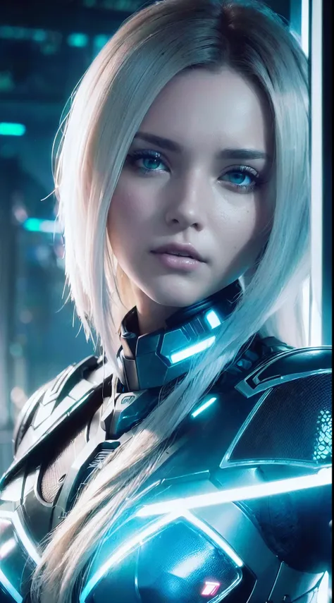 ((best quality)), ((master part)), (circunstanciado:1.4), Photograph of a beautiful cyberpunk female, (wearing soft organic armor), (cabelos longos e disformes multicoloridos), ((retrato em close-up extremo)), (Visualizador voltado), (Profundidade de campo...