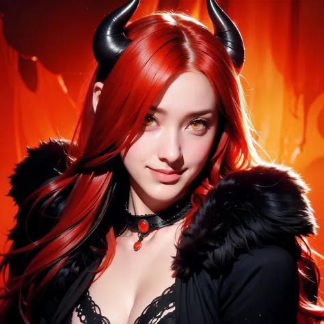 Woman, red hair, orange eyes, black horns, mystical background, sexy can, seductive smile