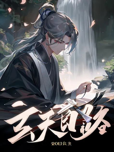 The image of a beautiful Chinese boy dressed in black and holding a double knife, xianxia hero, full-body wuxia, Inspired by Seki Dosheng, Wuxia, zhao yun, inspired by Xuande Emperor, Inspired by Zhao Yuan, Inspired by Huang Shen, inspired by Zhang Wo